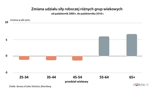 Zmiana udziału poszczególnych grup wiekowych na rynku pracy w USA