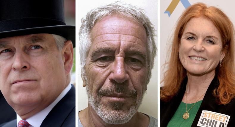 A composite image of Prince Andrew, Jeffrey Epstein, and Sarah Ferguson, the Duchess of York