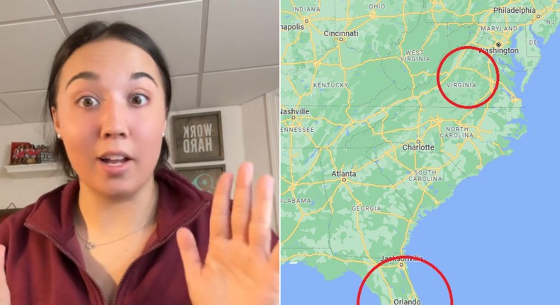 Camryn Spina told Insider she moved from Florida to Virginia and started working on August 1.Camryn Spina/TikTok and Google Maps