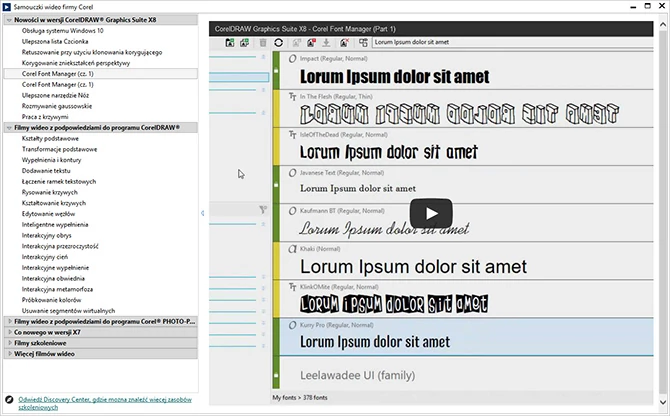 Corel Font Manager w samouczku Corela - Corel zadbał o to, by początkujący mieli łatwy start podczas pracy z programem