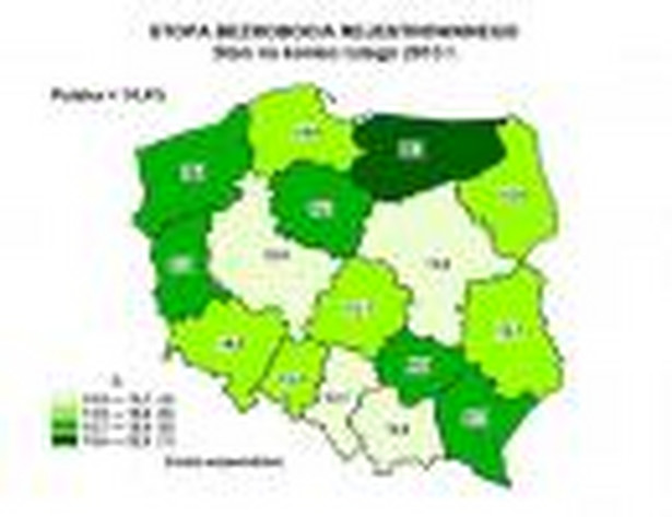 Stopa bezrobocia rejestrowanego według województw (mapa) - luty 2013 r., źródło: GUS