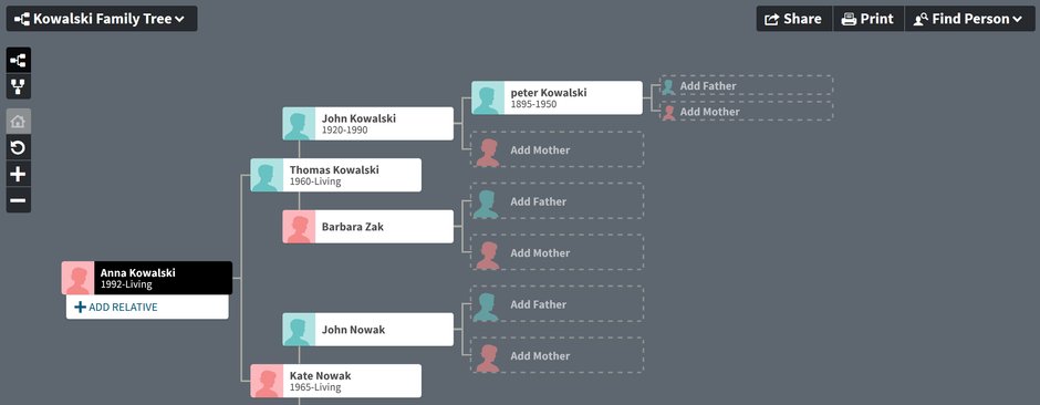 Wykres drzewa genealogicznego na  portalu ancestry.com