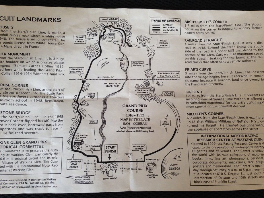 He took us on a tour of the old Watkins Glen road course, which winds through town and the nearby countryside. The 6.6-mile course was the site of the first postwar American road race in 1948. Back then, they raced on cement, gravel, and even dirt!