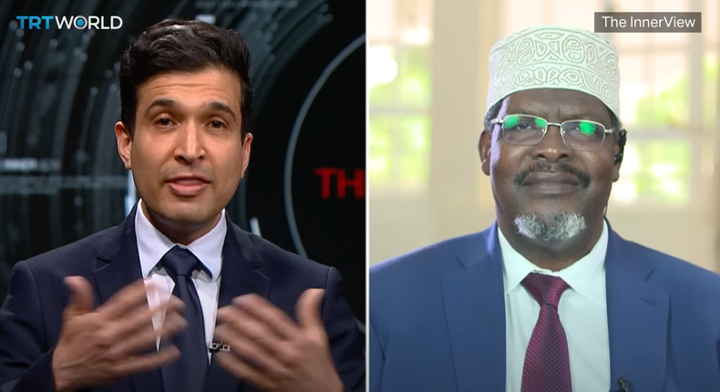 A screengrab of Miguna Miguna's interview with TRT world