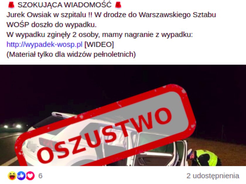 Przykład nieprawdziwej, sensacyjnej wiadomości wyświetlonej na Facebooku. Po kliknięciu w obrazek pojawiał się fałszywy panel logowania, wyłudzający dane niezbędne do przejęcia konta przez przestępców