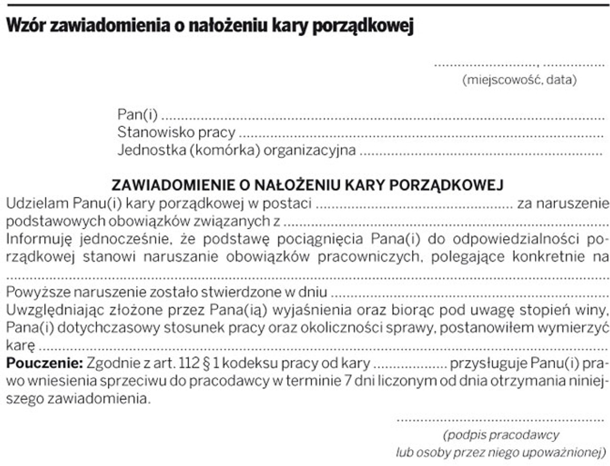 Wzór zawiadomienia o nałożeniu kary porządkowej