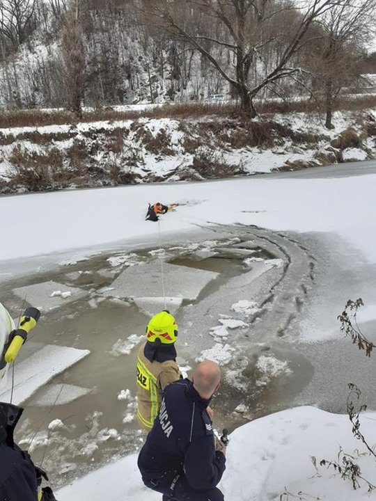 Policjanci i strażacy ochotnicy uratowali tonącego psa