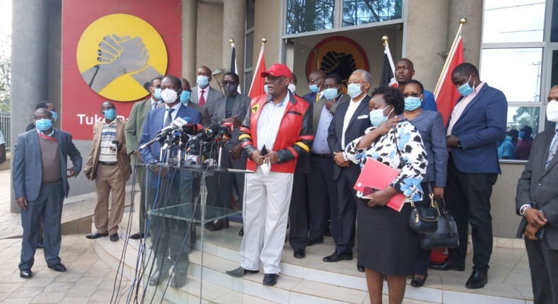 File image of David Murathe and other Jubilee party leaders addressing the press at Jubilee Party head quarters