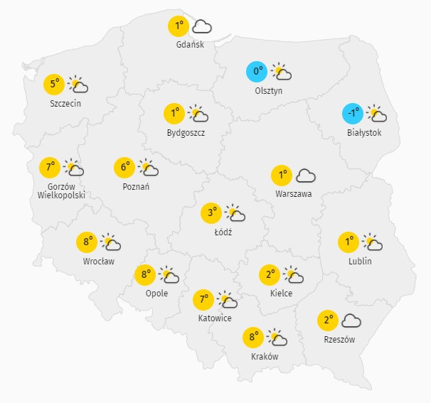 Prognoza temperatury we wtorek 8 grudnia