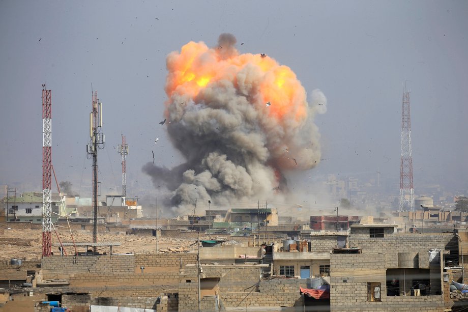 Smoke rises after an airstrike during the battle against ISIS militants in the district of al-Mamoun in Mosul, March 1, 2017.