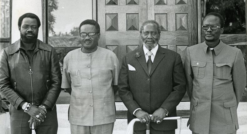 Angolan liberation leaders, Jonas Savimbi, Agostinho Neto, and Holden Roberto with Mzee Jomo Kenyatta at Nakuru State Lodge on June 21, 1975