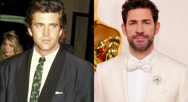 Mel Gibson in 1985 and John Krasinski in 2024.Ron Galella Collection/Mike Coppola/Getty Images