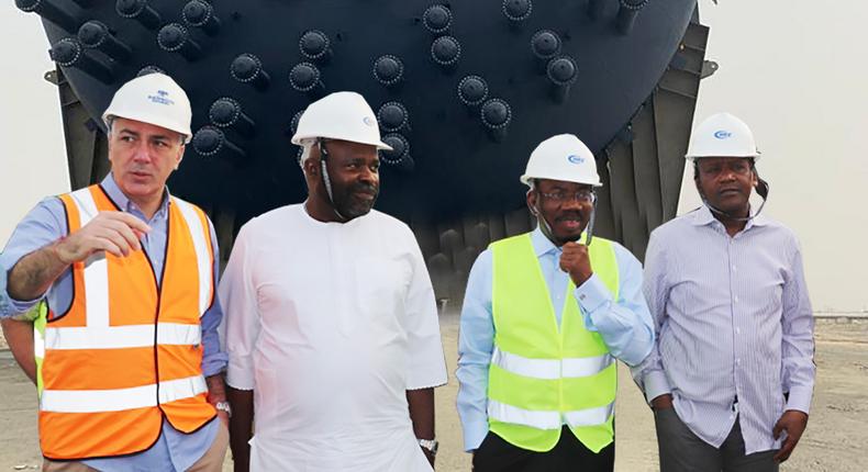 L-R: Chief Operations Officer, Dangote Oil Refinery Company, Giuseppe Surace; Chairman, Execujet Services Limited, Sam Iwuajoku; Chairman, Zenith Bank, Jim Ovia; and President/Chief Executive, Dangote Group, Aliko Dangote, during arrival of refinery equipment at the Dangote Jetty in Lekki, Lagos.