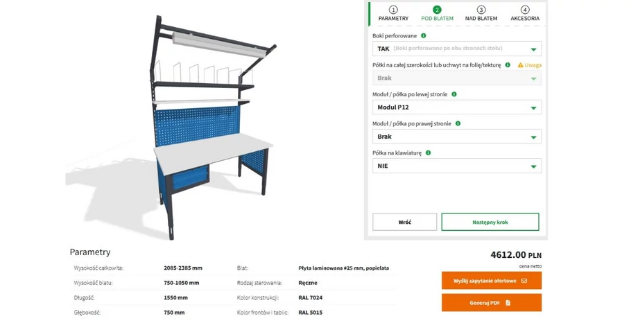 Screen strony konfiguratora 3D stołów do pakowania