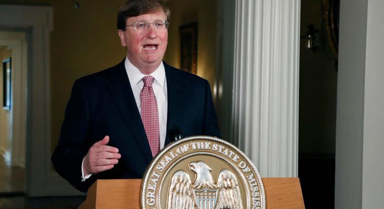 Mississippi Republican Gov. Tate Reeves delivers a televised address prior to signing a bill retiring the last state flag with the Confederate battle emblem during a ceremony at the Governor's Mansion in Jackson, Mississippi, on June 30, 2020.
