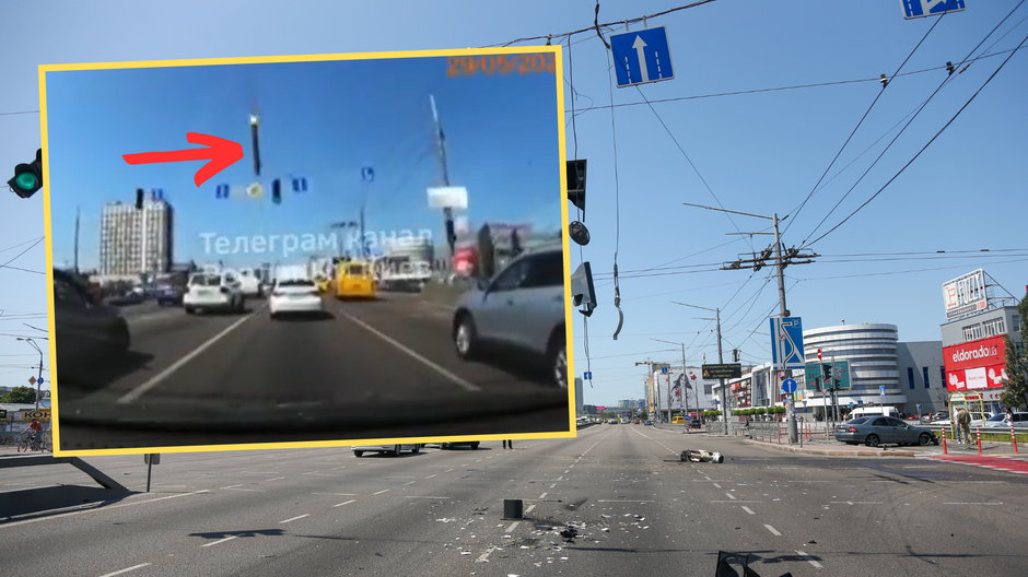 Na ulice Kijowa spadł fragment zestrzelonego rosyjskiego pocisku (screen: nexta_tv/Twitter)