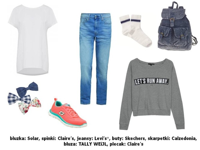 Koszulka Solar: 329 zł Kokardki Claire’s: 24,9 zł Spodnie Levi’s®: 399 zł Buty Skechers: 279,99 zł Bluza TALLY WEiJL: 59,9 zł Plecak Claire’s: 139,9 zł Skarpetki Calzedonia: 18,5 złDżinsowy zawrót głowy. STYLIZACJE na wiosnę 2015