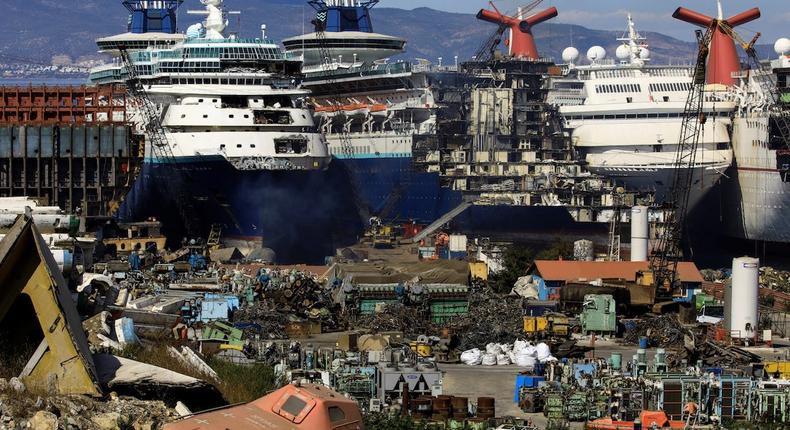 Decommissioned cruise ships are being dismantled at Aliaga ship-breaking yard in the Aegean port city of Izmir, western Turkey, October 2, 2020.REUTERS/Umit Bektas