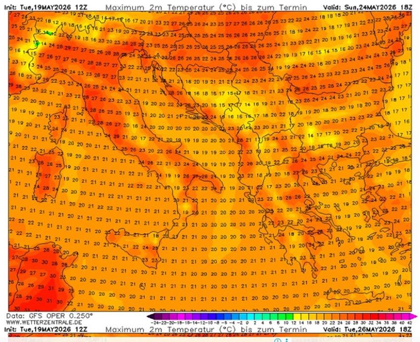 Temperatura vazduha u nedelju, 24. maja