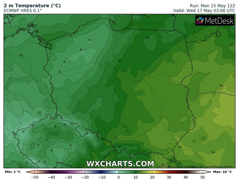 W nocy odnotujemy od 6 st. C na północnym zachodzie do 12 st. C na południowym wschodzie