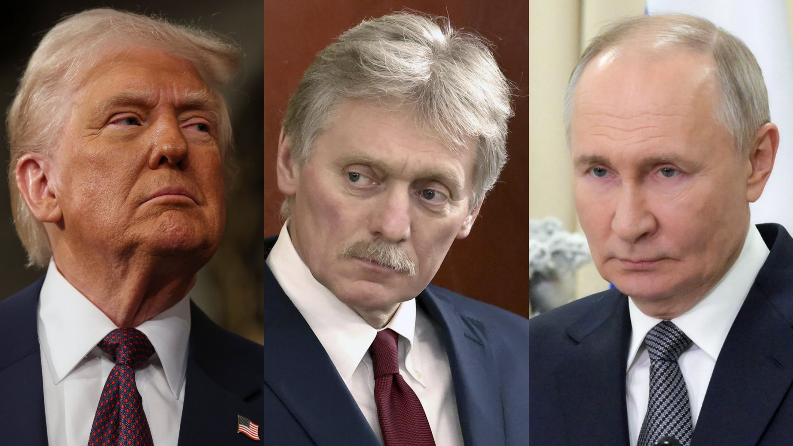 Americký prezident Donald Trump, hovorca Kremľa Dmitrij Peskov a ruský prezident Vladimir Putin.