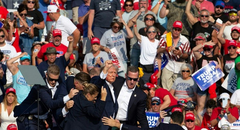 Donald Trump surrounded by Secret Service agents at his Pennsylvania rally on Saturday. REBECCA DROKE/Getty Images