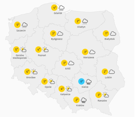 Prognoza temperatury w poniedziałek 21 grudnia