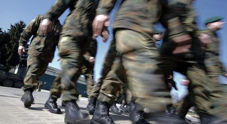 German Bundeswehr armed forces soldiers of the 371st armoured infantry battalion march during a media day of the NATO drill 'NOBLE JUMP 2015' at the barracks in Marienberg April 10, 2015. REUTERS/Fabrizio Bensch