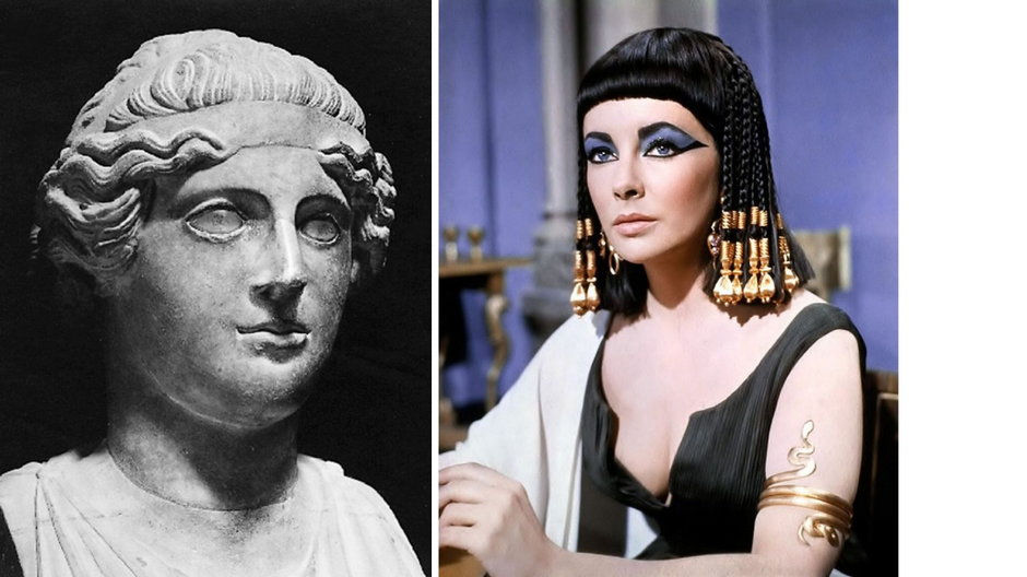 Po lewej stronie jeden z najstarszych wizerunków Kleopatry. Po prawej Elizabeth Taylor w roli królowej Egiptu. Fot. Universal History Archive/Universal Images Group via Getty Images