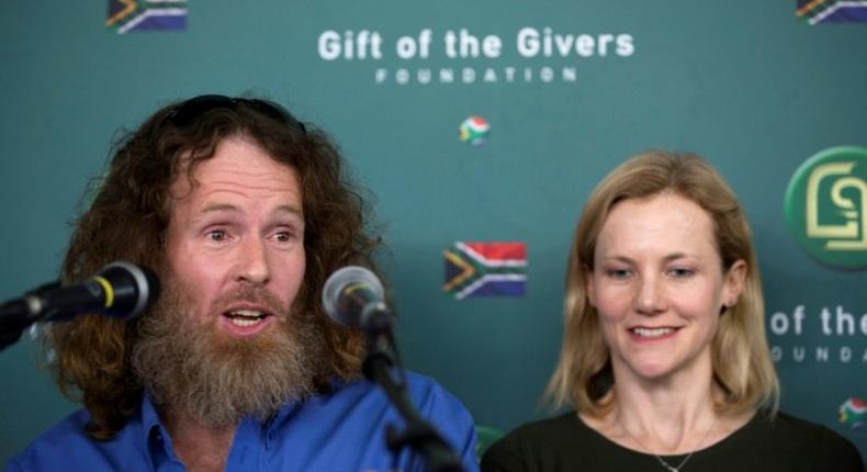 Freed South African Hostage Stephen McGown (L), who was held hostage by Al-Qaeda in Mali for nearly six years, alongside his wife Catherine (R) tells the medis he was well treated