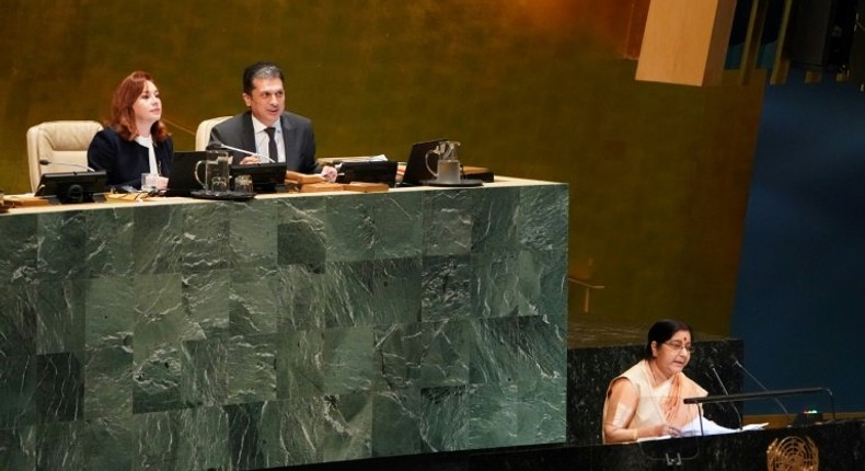 India's Foreign Minister Sushma Swaraj addresses the 73rd United Nations General Assembly on September 29, 2018, at the United Nations in New York