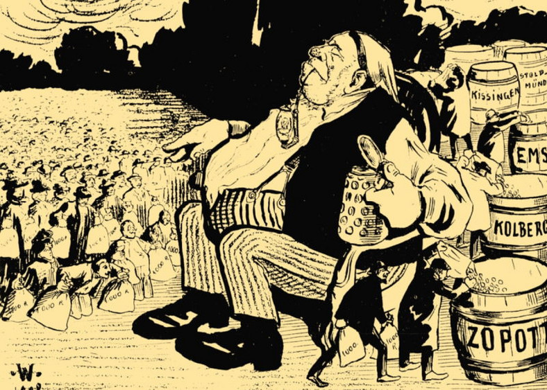 "Hołd pruski w sezonie 1908". Karykatura z okładki czasopisma "Mucha"