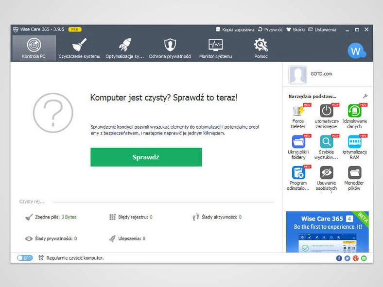 Główne okno programu do optymalizacji systemu - Wise Care 365 Pro