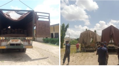 NSCDC State Commandant, Umar Mohammed displaying two trucks Railway tracks intercepted at Ooloru area of Kwara, in Ilorin on Wednesday.