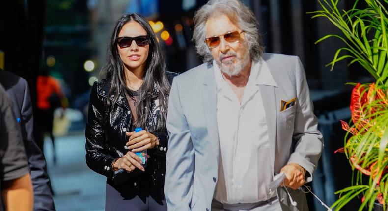 Noor Alfallah and Al Pacino arrive for a music video shoot with Bad Bunny on August 24, 2023 in New York City.Gotham/GC Images