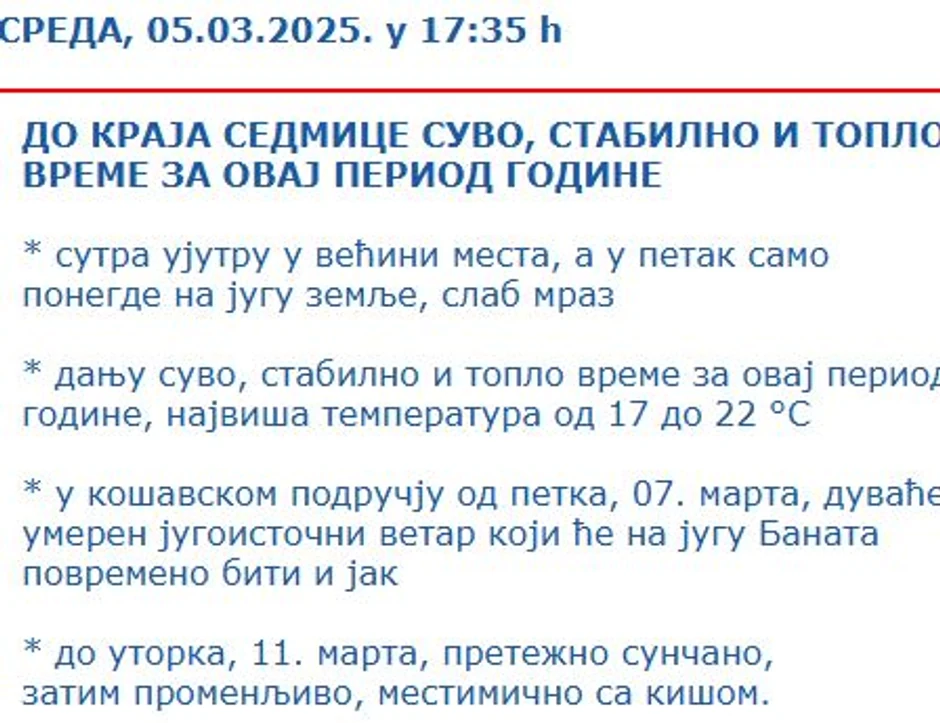 RHMZ najava vremenske prognoze