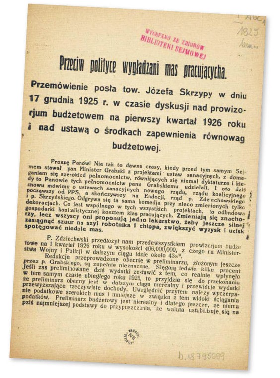 Fragment wystąpienia posła Józefa Skrzypy z Komunistycznej Frakcji Poselskiej podczas debaty nad prowizorium budżetowym, grudzień 1925 r. fot. Polona