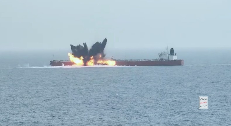 Screenshot showing an explosion on the oil tanker Chios Lion in the Red Sea on July 15, 2024.Houthi Media Center