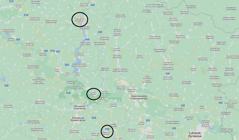 Kupjansk, Liman i Bahmut na mapi