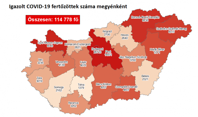 A fertőzöttek megoszlása megyénként / Fotó: koronavirus.gov.hu