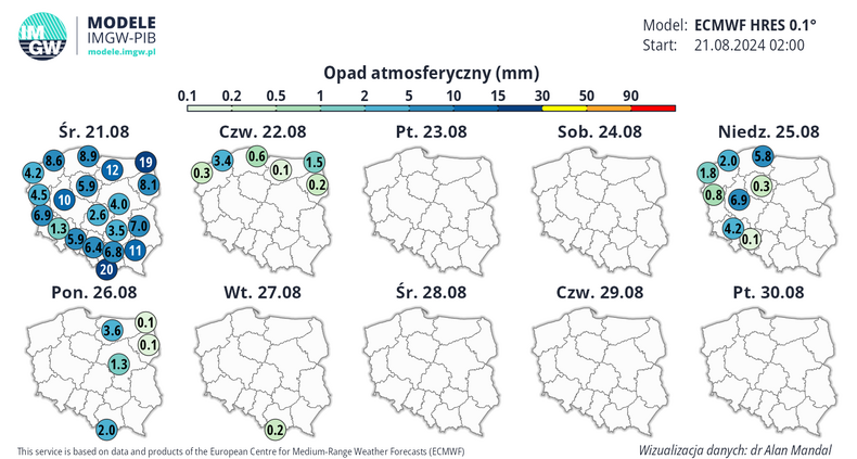 Prognozowana suma opadów w Polsce w kolejnych dniach