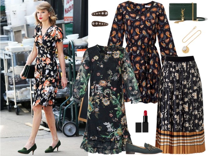 STYLIZACJE inspirowane gwiazdami Kwiaty na czarnym tle niczym Taylor Swift. Sukienka w zielone kwiaty - Midori Feminine Fashion/midori.pl, sukienka w pomarańczowe wzory - Modern Line/ modernline.pl, spódnica - Mefese/ mefese.pl, buty - Menbur/menbur.pl, pozostałe dodatki - TK MAXX