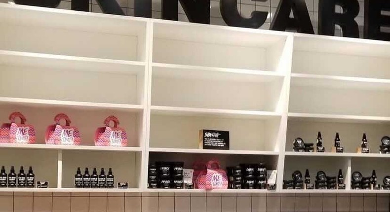 Shelves at a Lush store in Glendale, CA, in April
