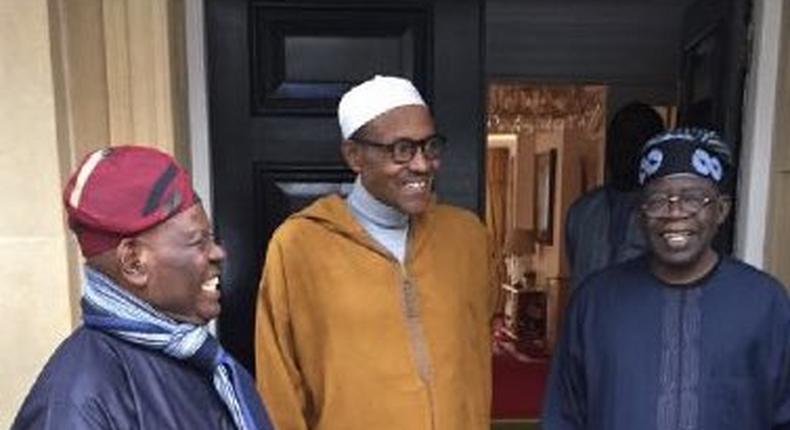 President Muhammadu Buhari meets with Asiwaju Bola Ahmed Tinubu and Chief Bisi Akande at the Abuja House in London on February 9, 2017.