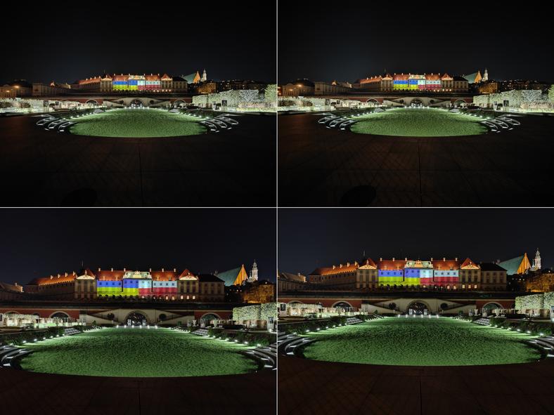 Pary zdjęć nocnych (szeroki kąt na górze, moduł standardowy na dole), ukazujące działanie trybu Ultra Night w ustawieniu standardowym (po lewej) oraz wykorzystującym dłuższe, 10-sekundowe naświetlanie sceny trybie "statywowym" (po prawej). Kliknij, aby powiększyć    