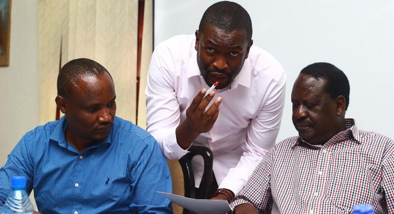 ODM party leaders John Mbadi (L), Edwin Sifuna (C) and Raila Odinga (R)