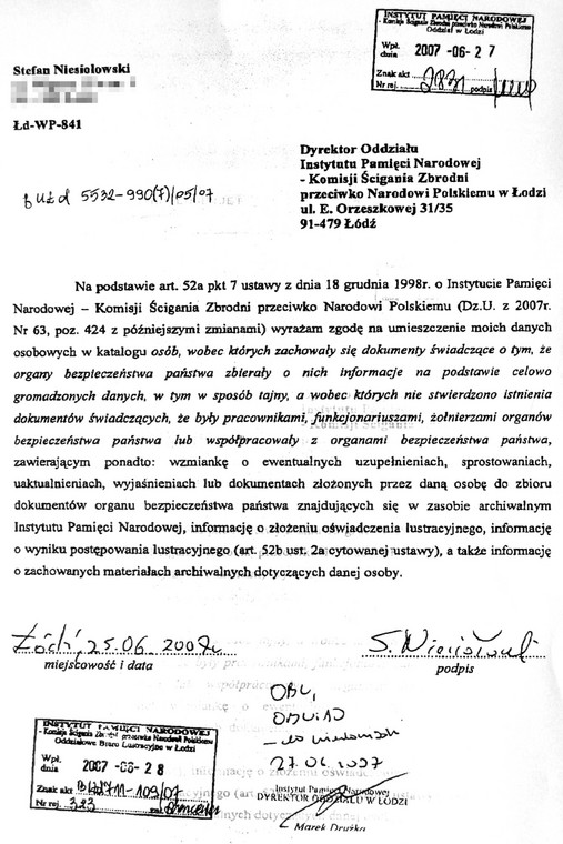 Kopia zgody Niesiołowskiego na umieszczenie jego nazwiska na liście pokrzywdzonych