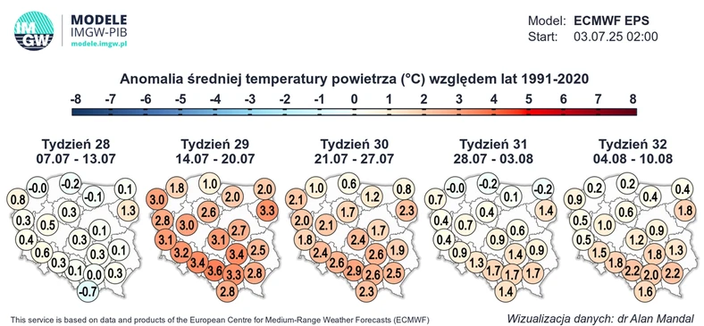 Prognozowana anomalia temperatury w Polsce w kolejnych tygodniach