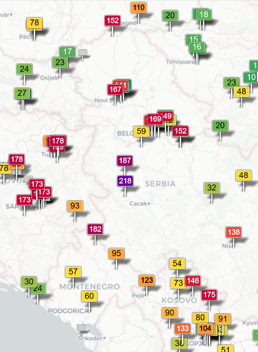WAQI: Srbija obojena u crveno