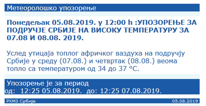 Upozorenje Republičkog hidrometorološkog zavoda